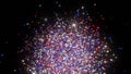 Blue, red and white confetti shoots and falls down on the black screen. Bright shimmer. 3D animation