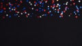 Blue red white confetti stars in USA national colors on dark background. Happy Independence Day banner template, 4th of July