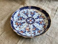 Blue Red White and Gold Gilt Dish Tray on Burlap Background - Japanese Porcelain