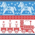 Blue , red , and white Scandinavian seamless Nordic pattern with gravy train, Xmas gifts, hearts, rocking pony horse, stars, sno