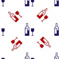 Blue and red Wine bottle with glass icon isolated seamless pattern on white background. Vector Royalty Free Stock Photo