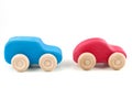 Blue and red wooden car isolated on white background Royalty Free Stock Photo