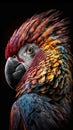 Blue red and yellow Macaw: close up picture isolated on black background.