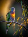 Blue red and yellow Macaw: close up picture isolated on branch in the forest.