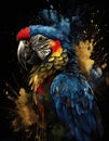 Blue, red and yellow macaw silhouette, full body, on black background with copy space