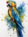 Blue, red and yellow macaw silhouette, full body, on white background with copy space