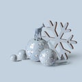 Blue Reindeer standing on Christmas balls, and snow star on blue background Royalty Free Stock Photo