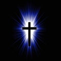 Blue religioush cross with sun rays  shine on the dark Royalty Free Stock Photo