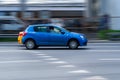 Blue Renault Sandero car moving on the street on very high speed Royalty Free Stock Photo