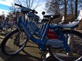 Blue rental bikes standing in a row at station of bicycle sharing system Regiorad Stuttgart in district Degerloch near Waldau. Royalty Free Stock Photo