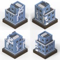 Blue residential building in a small isolated platform. Raster 3d illustration of a perspective view. Set of 4 types of