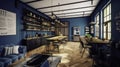 A blue restaurant bar, with wooden floor, created using generative ai technology