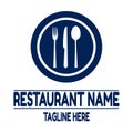 Blue restaurant logo vector, with plate, spoon, fork and knife illustration