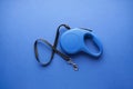 Blue retractable dog leash on a blue background, top view Royalty Free Stock Photo