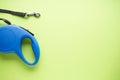 Blue retractable dog leash on a green background, with space for text. Flat lay Royalty Free Stock Photo