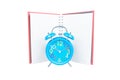 Blue retro alarm clock with book isolated on white background Royalty Free Stock Photo