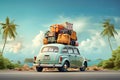 Blue retro car with luggage on the roof. Royalty Free Stock Photo
