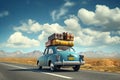 Blue retro car with luggage on the roof. Royalty Free Stock Photo