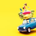 Blue retro car with luggage and summer accessories on vibrant yellow background with copy space.