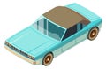 Blue retro car. Vintage auto isometric front