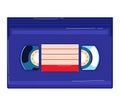 Blue retro cassette tape with red label top view. 80s music nostalgia, vintage audio cassette vector illustration