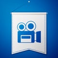 Blue Retro cinema camera icon isolated on blue background. Video camera. Movie sign. Film projector. White pennant