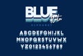 Blue retro font. Vector of modern vibrant alphabet and numbers. Typeface with blue colors in vintage trendy style