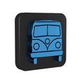 Blue Retro minivan icon isolated on transparent background. Old retro classic traveling van. Black square button.