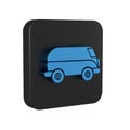 Blue Retro minivan icon isolated on transparent background. Old retro classic traveling van. Black square button.