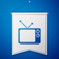 Blue Retro tv icon isolated on blue background. Television sign. White pennant template. Vector