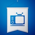 Blue Retro tv icon isolated on blue background. Television sign. White pennant template. Vector Illustration