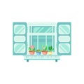 Blue retro window with shutters and flowerpots, architectural design element vector Illustration on a white background Royalty Free Stock Photo