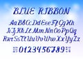 Blue ribbon alphabet letters and numbers on light blue background