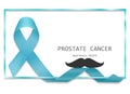 Blue ribbon with border and mustache vector, isolated on white background. Prostate cancer awareness