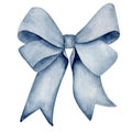 Blue ribbon bow. Watercolor Christmas decoration element. Girl hair accessory Royalty Free Stock Photo