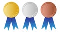 Blue ribbon Gold Silver Bronze blank winner medal, vector illustration Royalty Free Stock Photo