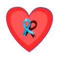 Blue ribbon pinned on a red heart