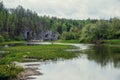 The blue ribbon of the river from the height of the mountains. Wild nature, taiga. Tourism. Far East, Sakhalin Island, Russia. Royalty Free Stock Photo