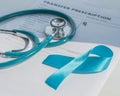 Blue ribbon symbolic of prostate cancer awareness campaign and men`s health in November month on patients health record