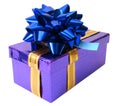 Blue ribbon tied violet box over white background Royalty Free Stock Photo
