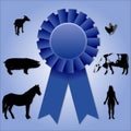 Blue ribbon winners at the state fair: mare, cow, sow, nanny goat, chicken, woman