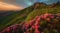 Blue Ridge Parkway Mountains Sunset over Spring Rhododendron Flowers Royalty Free Stock Photo