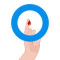 The blue ring is a symbol of World Diabetes Day. Hand with a drop of blood on the finger. Vector illustration Royalty Free Stock Photo