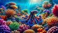 blue ringed octopus on coral reef illustration