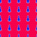 Blue Ringing bell icon isolated seamless pattern on red background. Alarm symbol, service bell, handbell sign Royalty Free Stock Photo