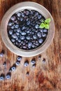 Blue ripe blueberries in a metal plate. wooden background. Top