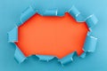 Blue ripped open paper on orange paper background. Royalty Free Stock Photo