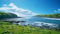 Blue river, and flock of sea birds on the beach, green hills, and clear blue sky on background