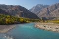 Blue river in Gupis vallay in autumn season, Ghizer, Pakistan Royalty Free Stock Photo