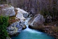 Blue river in the narrow passage between the rocks, in the autumn landscape, Cascades of the Verrino river, Molise, Italy